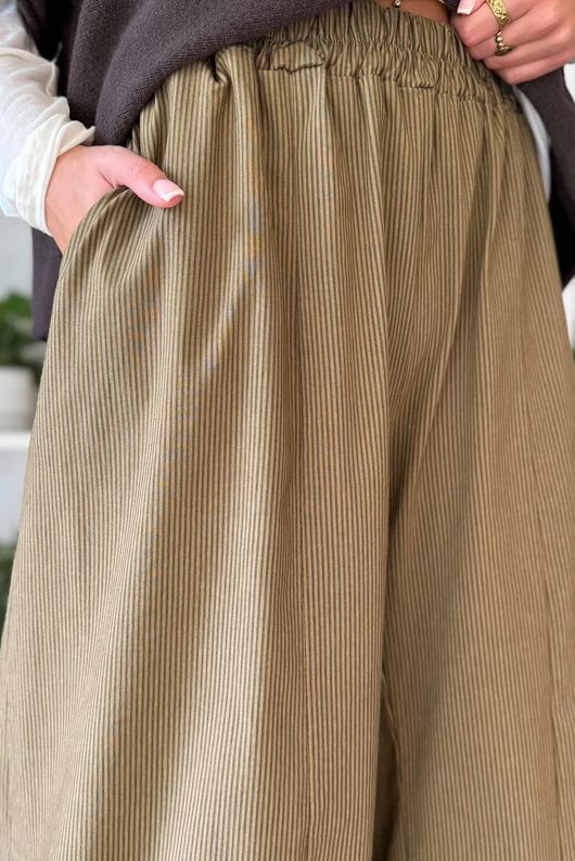 Bennie Quirky Barrel Pant Deep Olive Pin Stripe